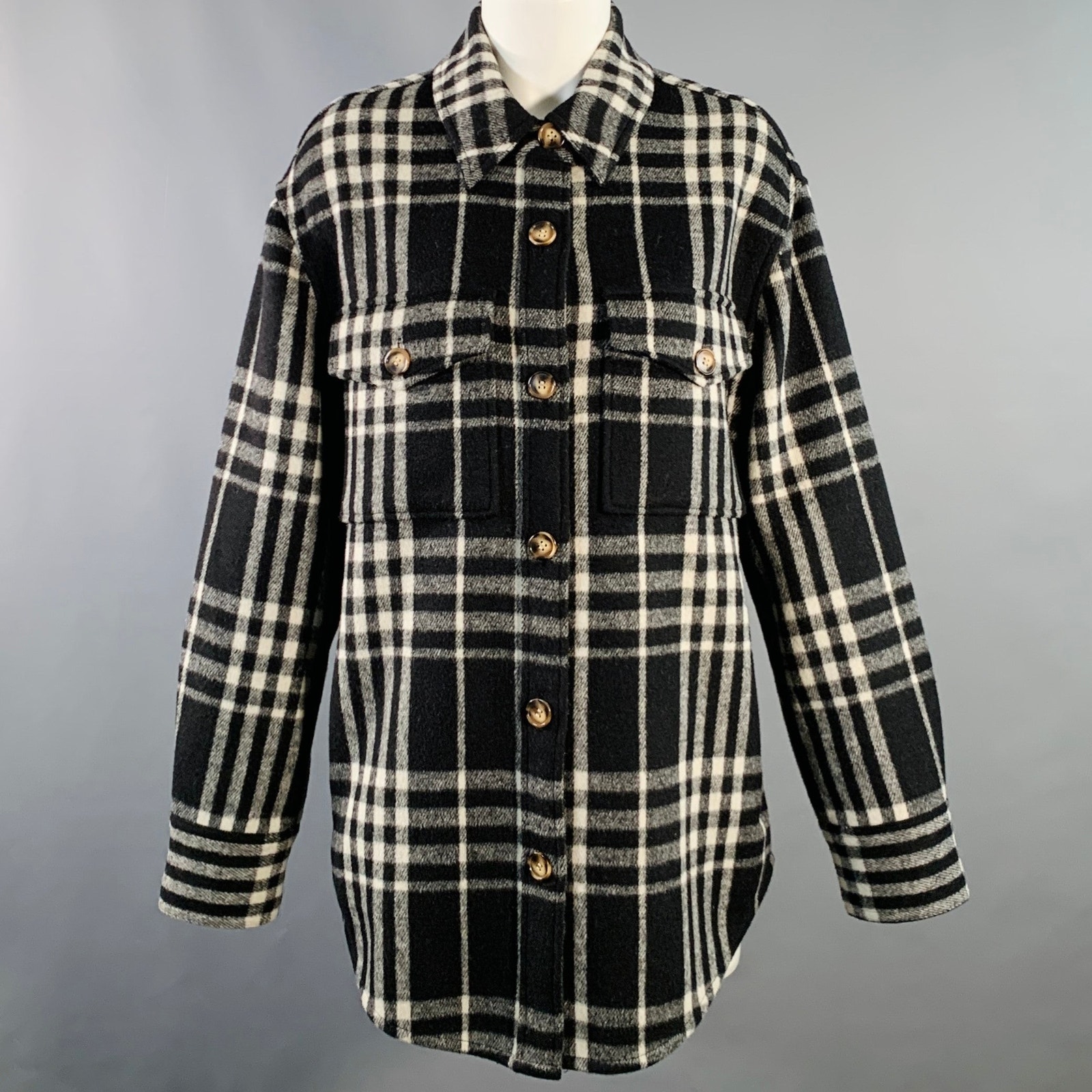 Reformation Size M Black White Wool Blend Plaid Shirt Jacket